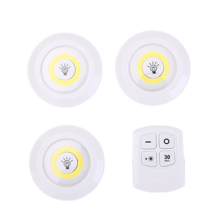 New Set of 3 Battery Round Wireless COB Led Puck Remote Control Cabinet Indoor Led Ceiling Lamp Wireless Remote Puck Light