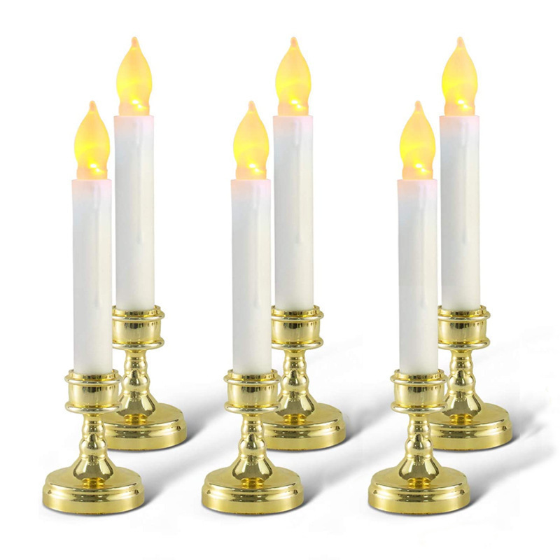 Flameless White LED Taper Candles with Gold Removable Candle Holders Decoration Plastic Fiber Optic Led Candle