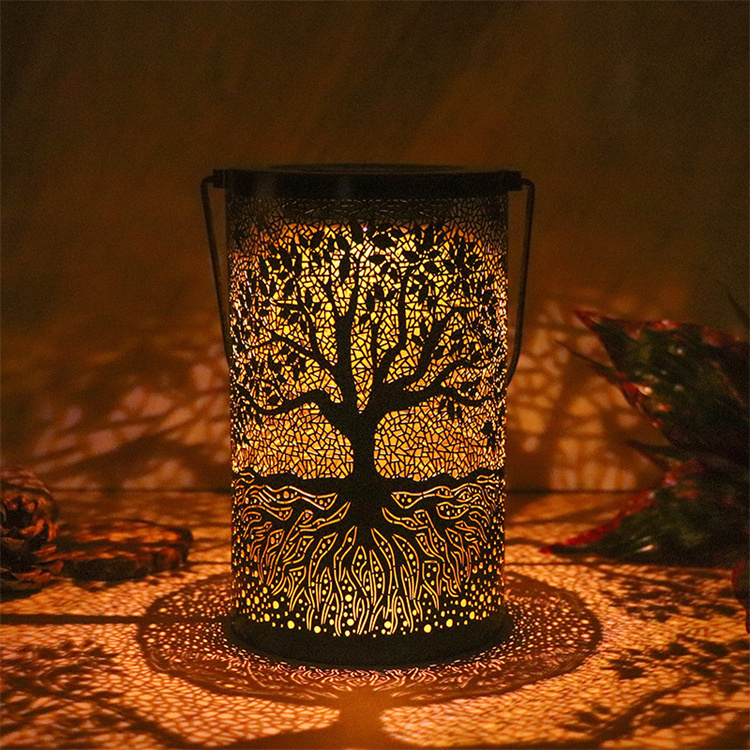 Solar Powered Lanterns Outdoor Hanging Tree Leaf Hollowed Out Metal Christmas Halloween Easter Decor led night light