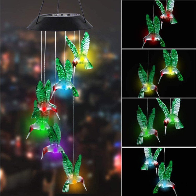 Hot Sale Simple Wind Chime Outdoor Color Change Waterproof  hanging Romantic Lead Solar Watch Particle Bird Wind Chime Light