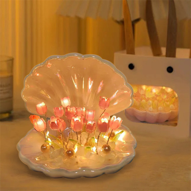 DIY shell tulip Flower LED Night Light Lamp Artificial Romantic Bedroom Decoration Table Lamp Lamparas De shell tulipanes