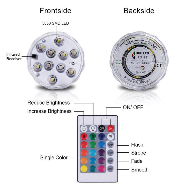 Submersible LED Light Waterproof IP68 RGB Underwater Pool Light RF Remote 13 Bead Suction Cup Battery Operated Shower Light