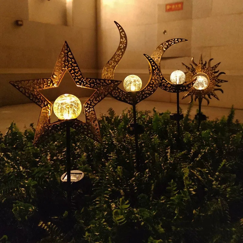 Explosive Garden Led Solar decoration Lights Pathway Outdoor Hollow Star moon sun Flame Light Antique Solar Street Light