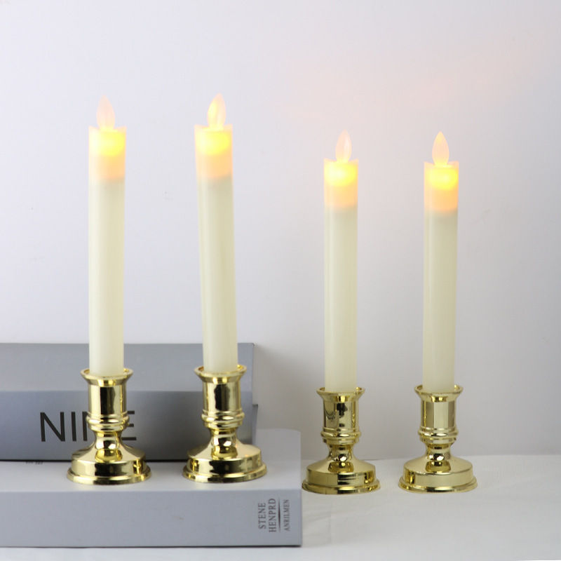 Flameless White LED Taper Candles with Gold Removable Candle Holders Decoration Plastic Fiber Optic Led Candle