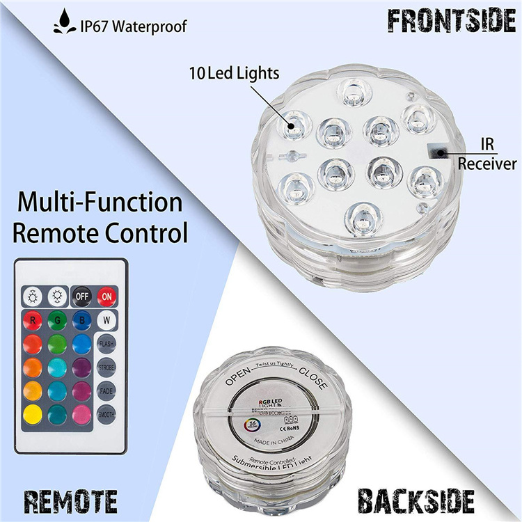 Submersible LED Light Waterproof IP68 RGB Underwater Pool Light RF Remote 13 Bead Suction Cup Battery Operated Shower Light