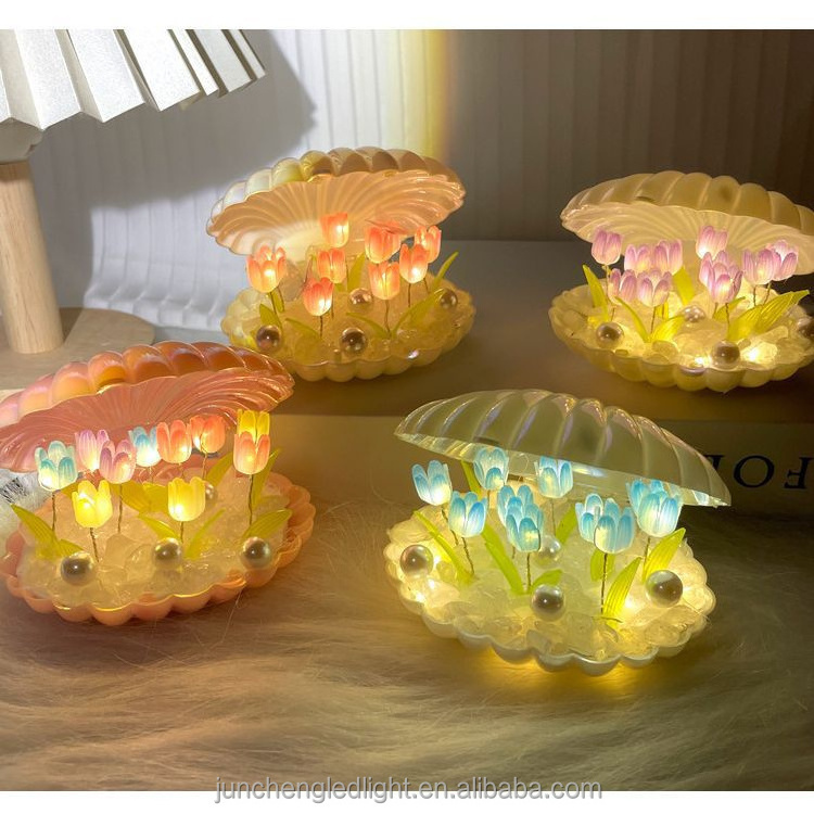 DIY shell tulip Flower LED Night Light Lamp Artificial Romantic Bedroom Decoration Table Lamp Lamparas De shell tulipanes