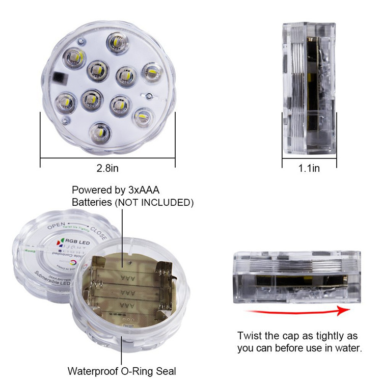 Submersible LED Light Waterproof IP68 RGB Underwater Pool Light RF Remote 13 Bead Suction Cup Battery Operated Shower Light