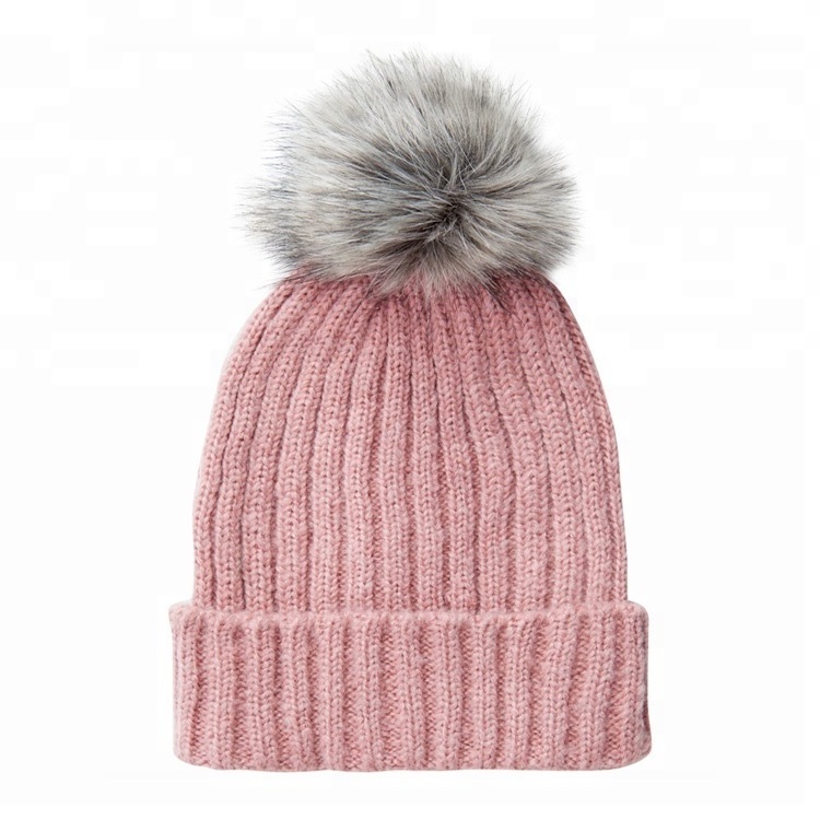 Lady's Ponytail Winter Hats Women Blank Pink Pom Pom Beanie