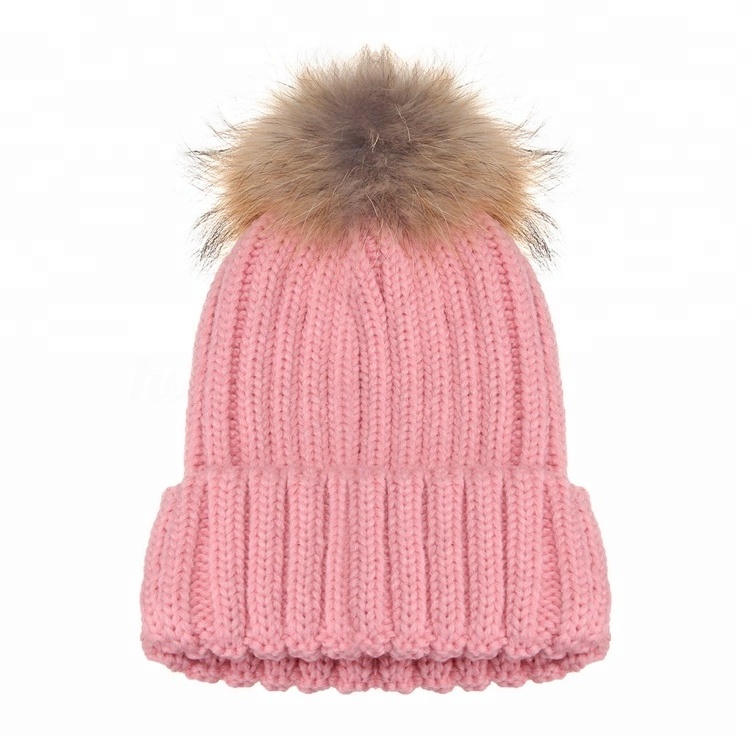 Lady's Ponytail Winter Hats Women Blank Pink Pom Pom Beanie