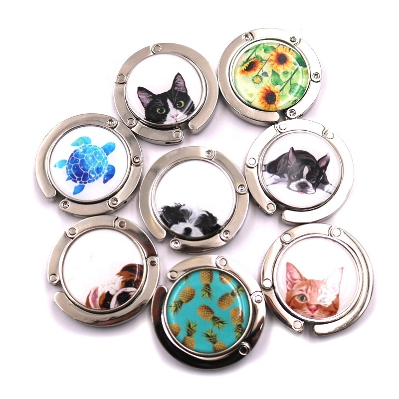 Factory price custom logo cute dog cat design silver color metal zinc alloy purse hanger hook bag hanger in good quality