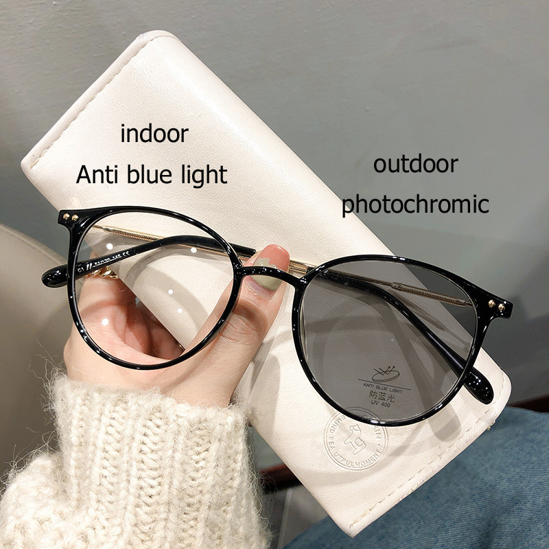 photochromic glasses anti blue light women female metallic pc round gold silver black transparent lunette optical