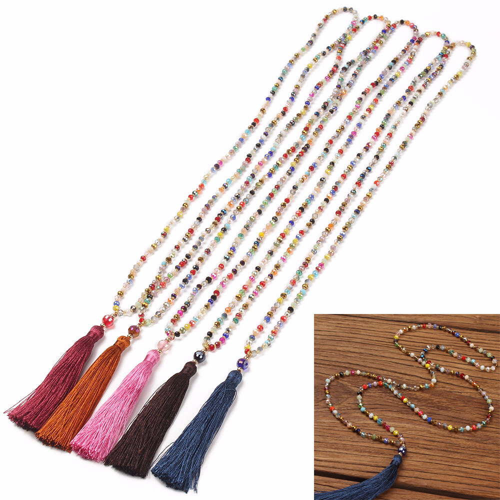 Boho Long Tassel Statement Necklace Women Ethnic Colorful Crystal Stone Beads Pendant Necklace Bohemian Handmade Jewelry Gift