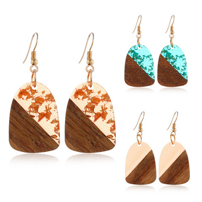 Vintage Resin Patchwork Wood Jewelry Trendy Wooden Pendant Women Drop Earrings Girls