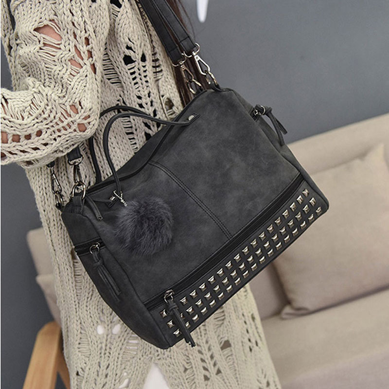 New Fashion Vintage Women PU Leather Larger Hair Ball Motorcycle Messenger Crossbody Shoulder Bag with Rivet