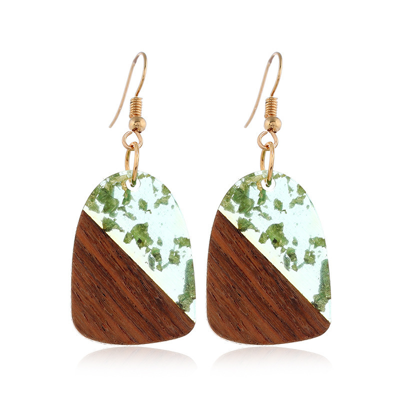 Vintage Resin Patchwork Wood Jewelry Trendy Wooden Pendant Women Drop Earrings Girls