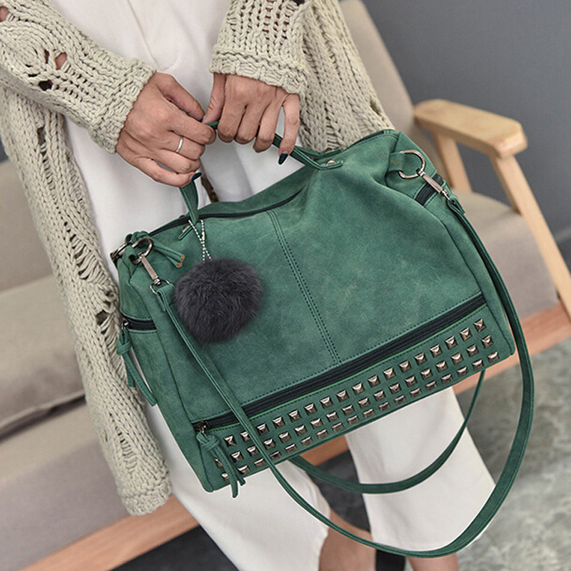 New Fashion Vintage Women PU Leather Larger Hair Ball Motorcycle Messenger Crossbody Shoulder Bag with Rivet