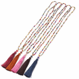 Boho Long Tassel Statement Necklace Women Ethnic Colorful Crystal Stone Beads Pendant Necklace Bohemian Handmade Jewelry Gift