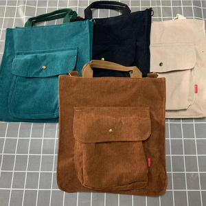 Women Vintage Shopping Bags Zipper Girls Casual Tote  Student Bookbag Handbags Corduroy Shoulder Bag With Outside Pocket