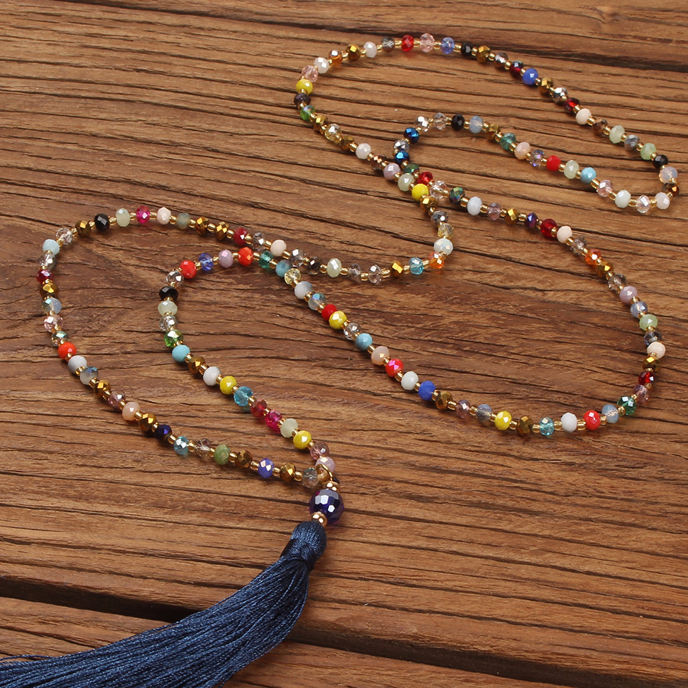 Boho Long Tassel Statement Necklace Women Ethnic Colorful Crystal Stone Beads Pendant Necklace Bohemian Handmade Jewelry Gift