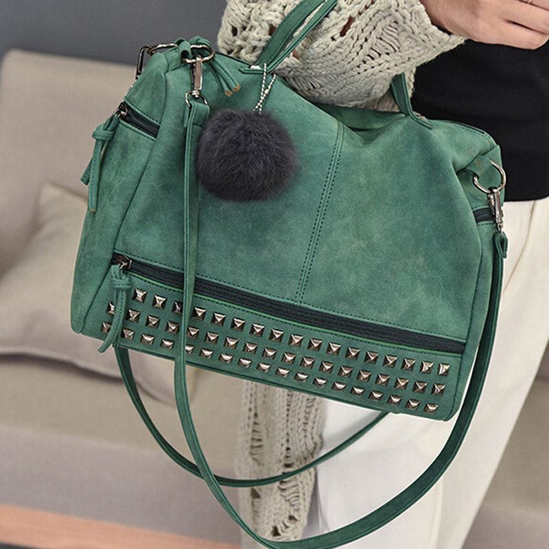 New Fashion Vintage Women PU Leather Larger Hair Ball Motorcycle Messenger Crossbody Shoulder Bag with Rivet