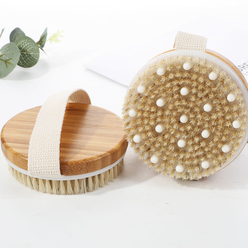 Eco-friendly Bamboo Bath Brush Skin Exfoliating Body Massager Wooden Shower Round Brush for Improve Blood Circulation bath brush