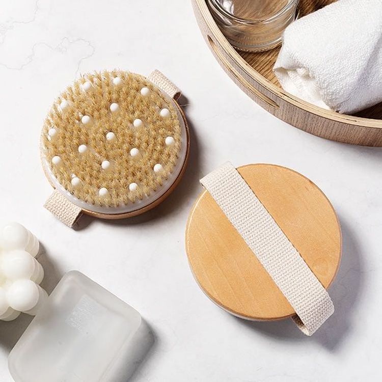 Eco-friendly Bamboo Bath Brush Skin Exfoliating Body Massager Wooden Shower Round Brush for Improve Blood Circulation bath brush