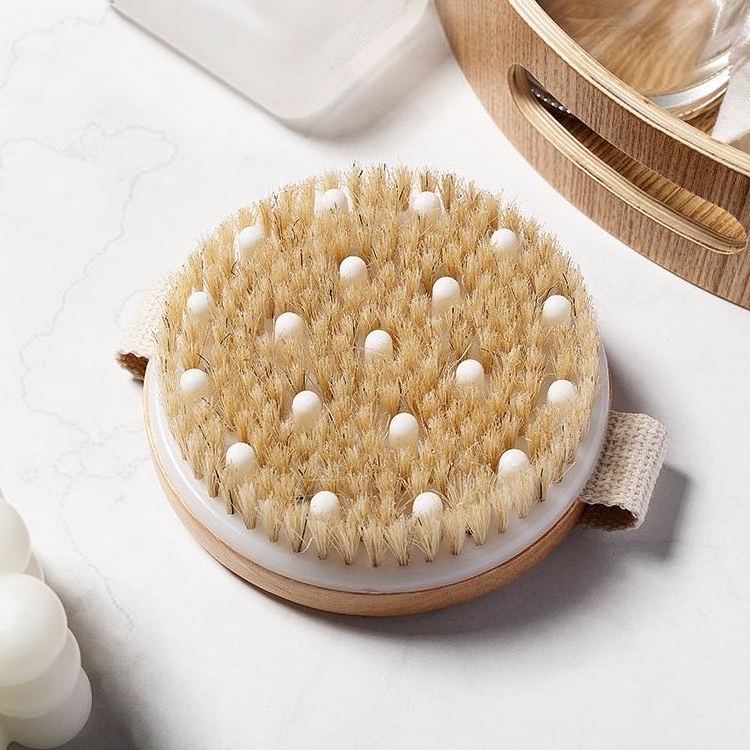 Eco-friendly Bamboo Bath Brush Skin Exfoliating Body Massager Wooden Shower Round Brush for Improve Blood Circulation bath brush