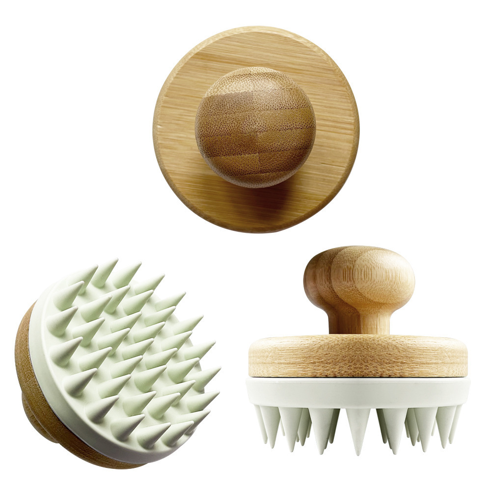 Silicone round Bamboo Wood Handle massager hairbrush Soft Hair Cleaning Scalp Environmental Silicone shampoo brush