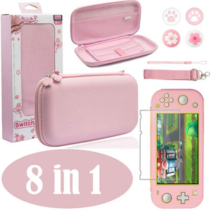 8 in 1 Pink Travel Carrying Case Accessories Kit for Nintendo Switch Lite Console Glass Screen Protector Thumb Stick Grips