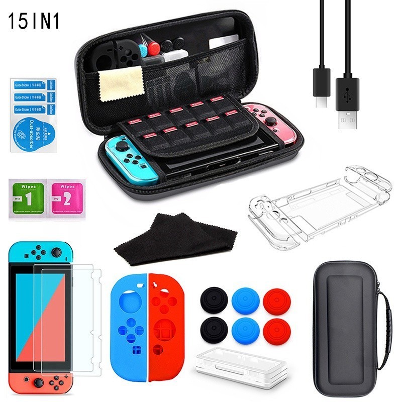 15 in 1 Carrying Case Accessories Kit for Nintendo Switch NS Console Clear Cover Tempered Glass Screen Protector Charging Cable