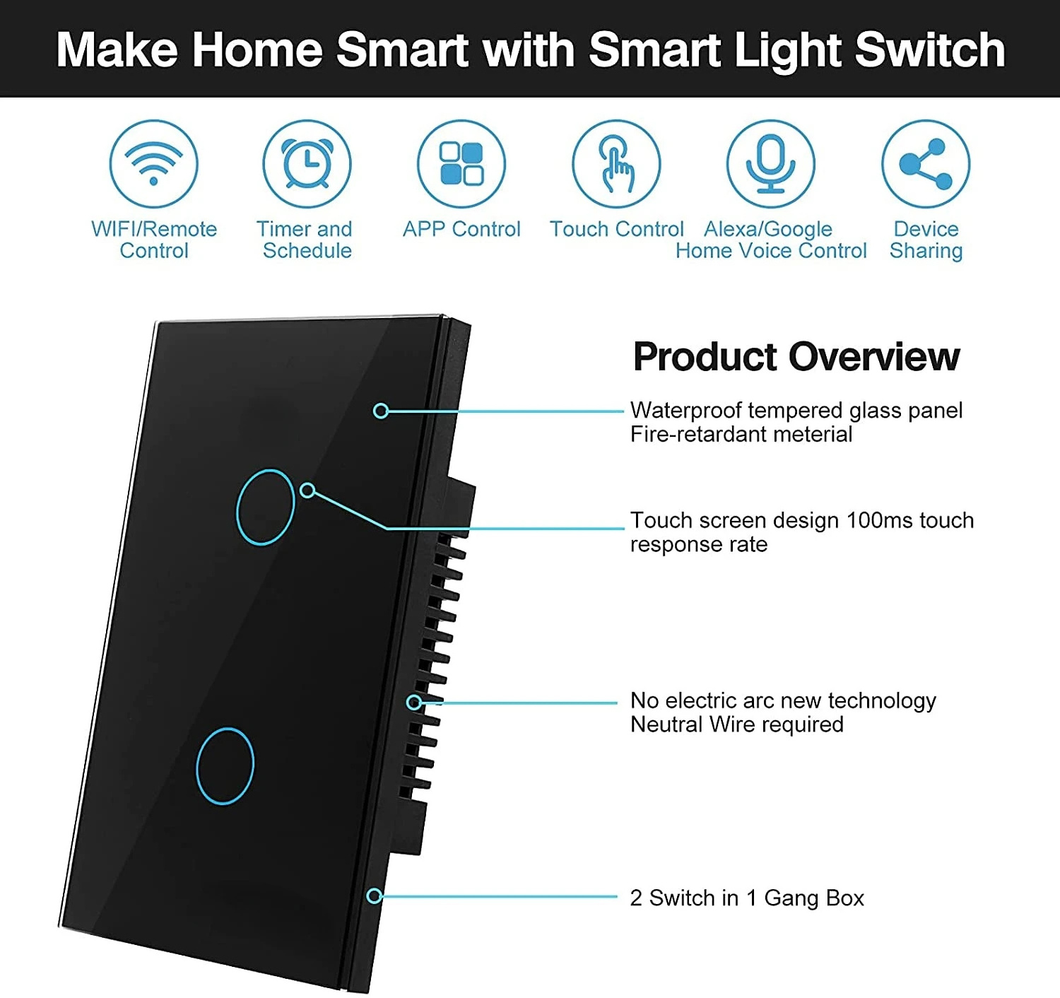 Tuya WiFi Smart Light Switch US 120 Type Wall Touch Panel Without Neutral Single Fire Work with Alexa Google Home 2 Gang