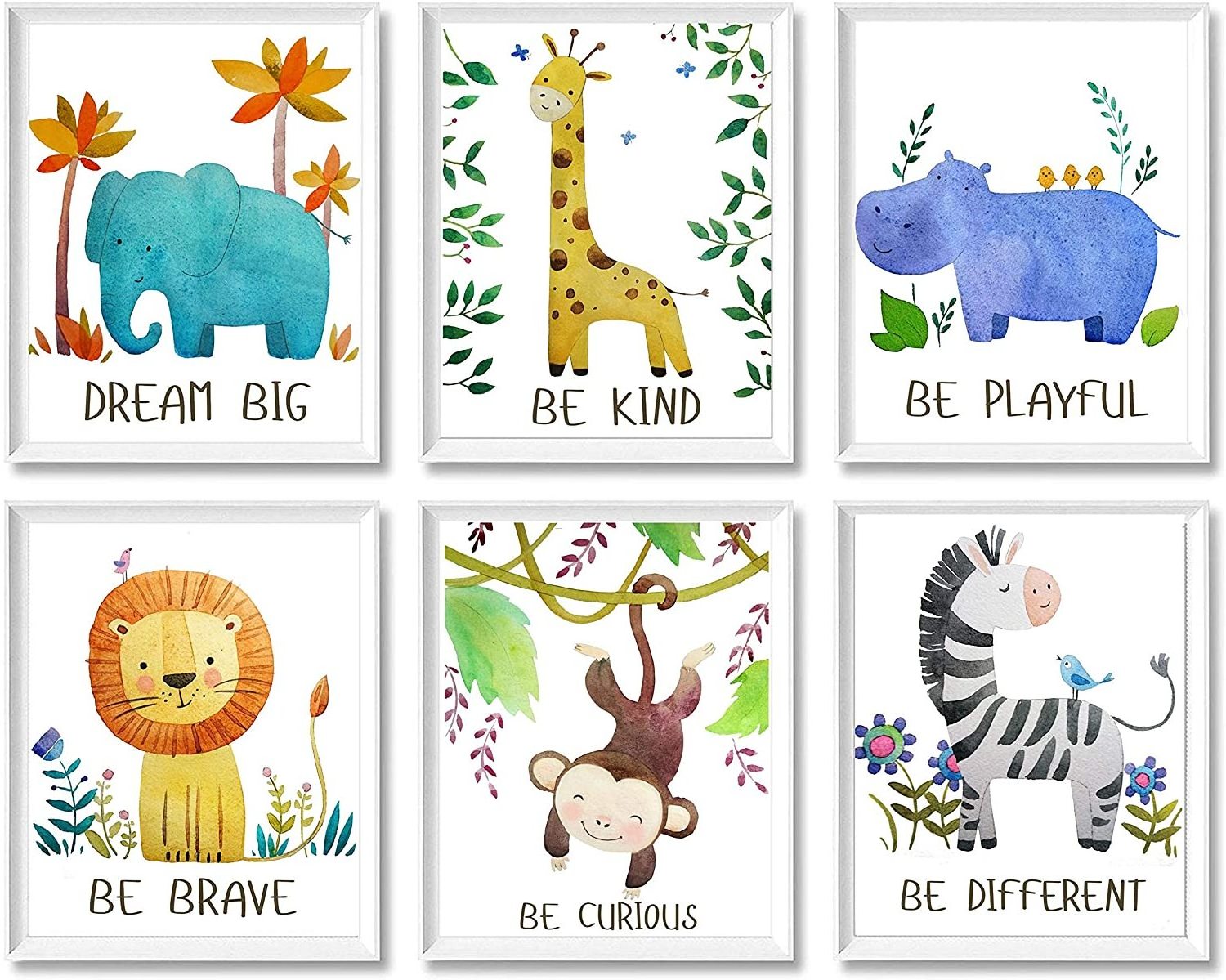 Jungle Safari Animal Unframed Wall Art Inspirational Quote Lion Giraffe Elephant Monkey Zebra Hippo Kids Room Decor