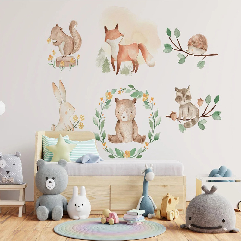 Custom Coloful Waterproof Removable PVC Stickers Forest Animals Kids Room Wall Art Playroom Nursery Wall Stickers For Kids Room