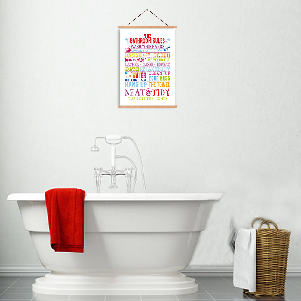 Watercolor Bathroom Rules Lettering Magnetic Natural Wood Hanger Frame Poster Canvas Funny Bathroom Quote Wall Art Painting