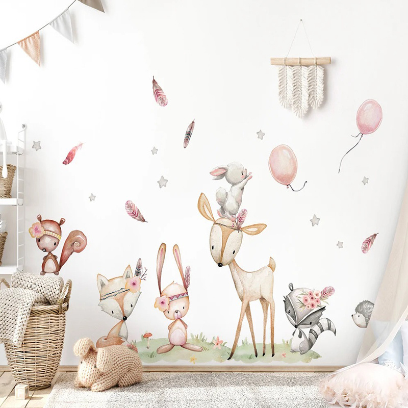 Custom Coloful Waterproof Removable PVC Stickers Forest Animals Kids Room Wall Art Playroom Nursery Wall Stickers For Kids Room