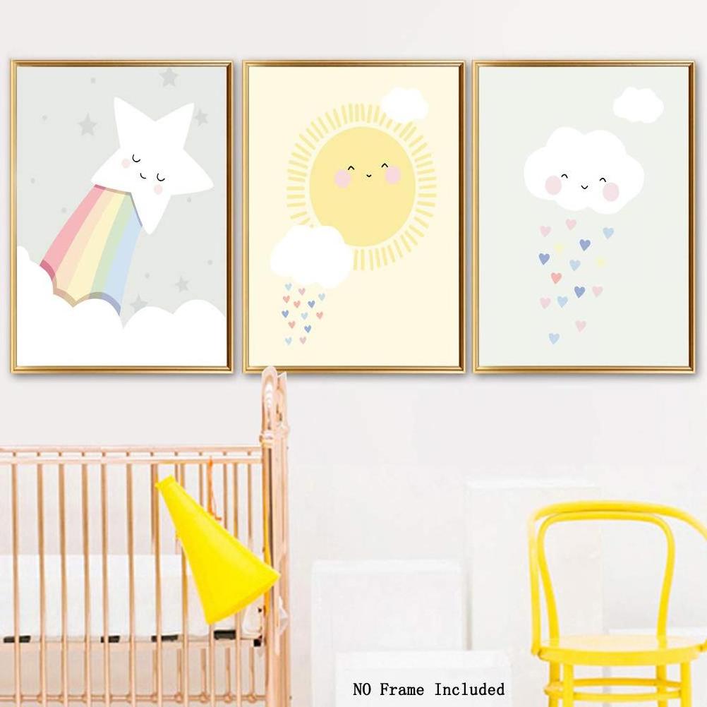 Wholesale Cute Baby Kids Room Nursery Funny Wall Art Print Cartoon Cloud Sun Star Canvas Watercolor Painting Modern Wall Art