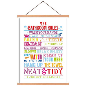 Watercolor Bathroom Rules Lettering Magnetic Natural Wood Hanger Frame Poster Canvas Funny Bathroom Quote Wall Art Painting