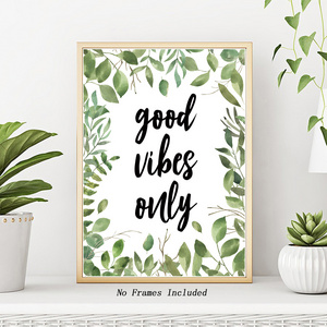 Good Vibes Only Quote Inspirational Art Print Green Leaf Canvas Art Painting Leaves Living Room Home Wall Decor