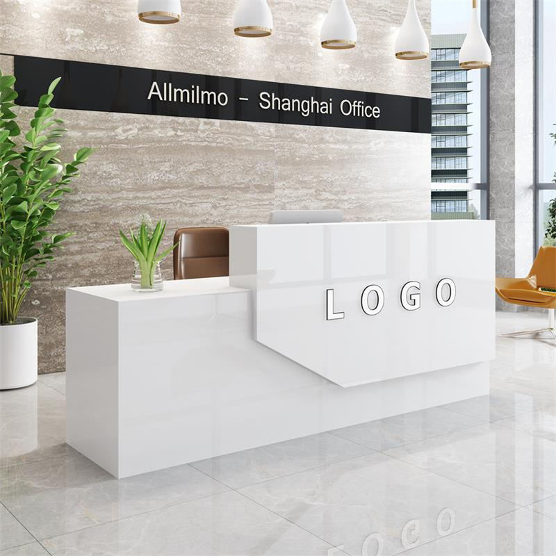 Customized size & logo Office building front artificial stone front counter pink reception desk