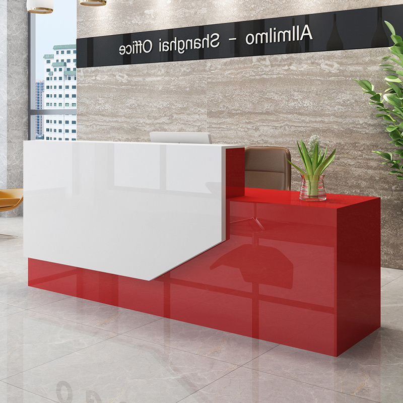 Customized size & logo Office building front artificial stone front counter pink reception desk