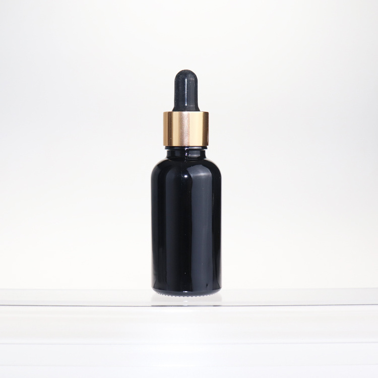 Hot stamping Beard oil packaging 30ml matte black frosted cosmetic glass dropper bottle with gold lid