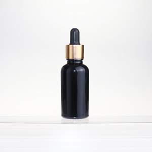 Hot stamping Beard oil packaging 30ml matte black frosted cosmetic glass dropper bottle with gold lid