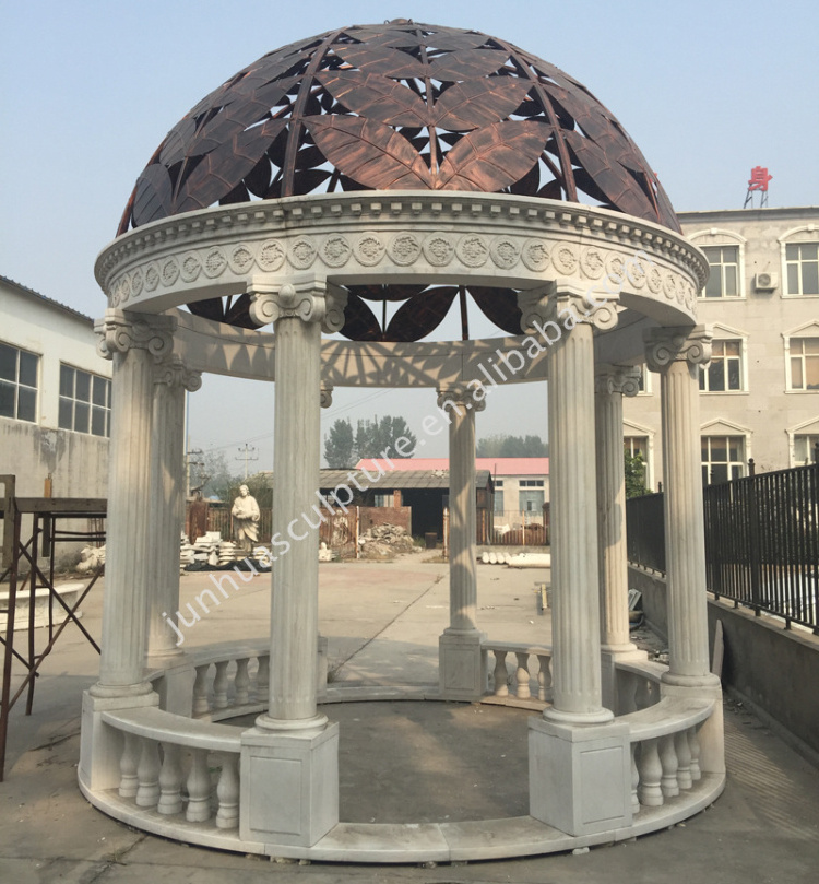 Outdoor White Marble Garden Gazebo with Columns and Iron Dome