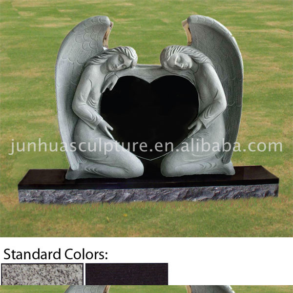 European White Marble Double Angel Statue Tombstone With Heart