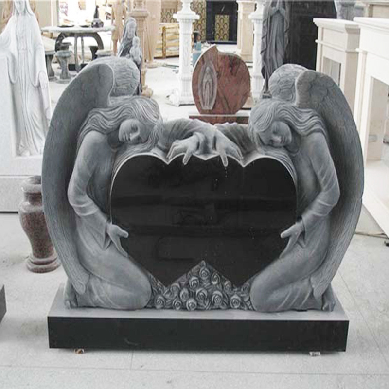 European White Marble Double Angel Statue Tombstone With Heart