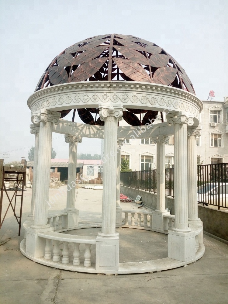 Outdoor White Marble Garden Gazebo with Columns and Iron Dome