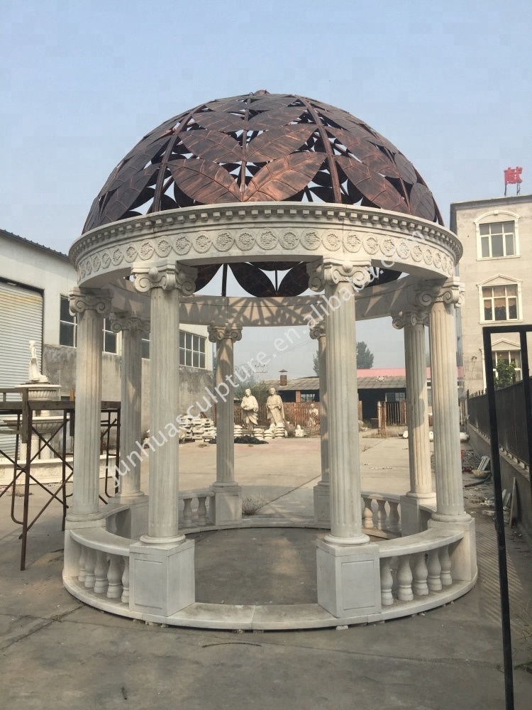 Outdoor White Marble Garden Gazebo with Columns and Iron Dome