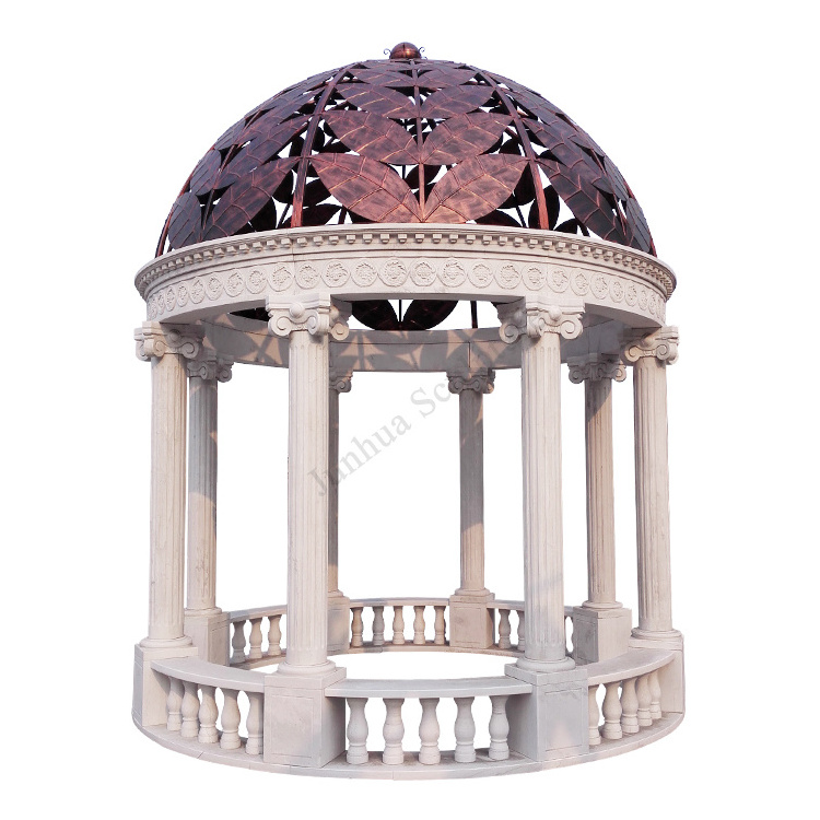 Outdoor White Marble Garden Gazebo with Columns and Iron Dome