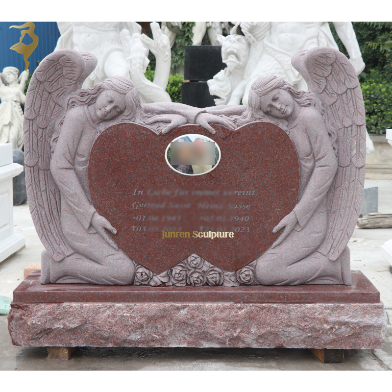 European White Marble Double Angel Statue Tombstone With Heart