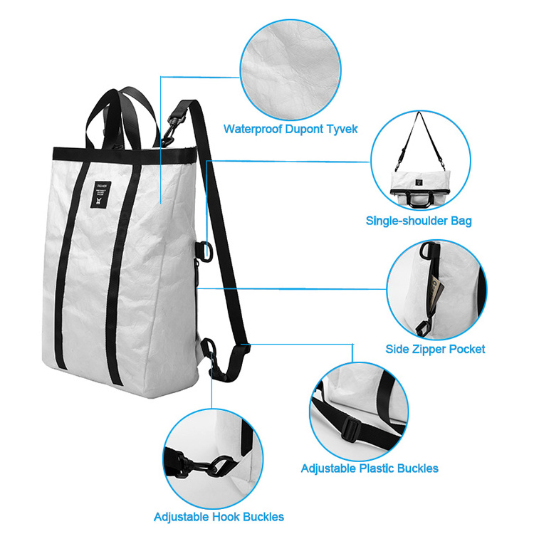 BSCI Factory hot sale fashion waterproof lightweight paper bag backpack environmentally friendly dupont paper mochila bag